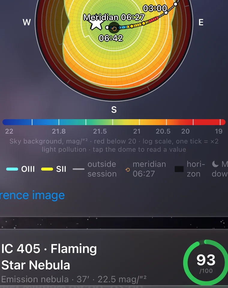 Sky chart: sky background, horizon, target track